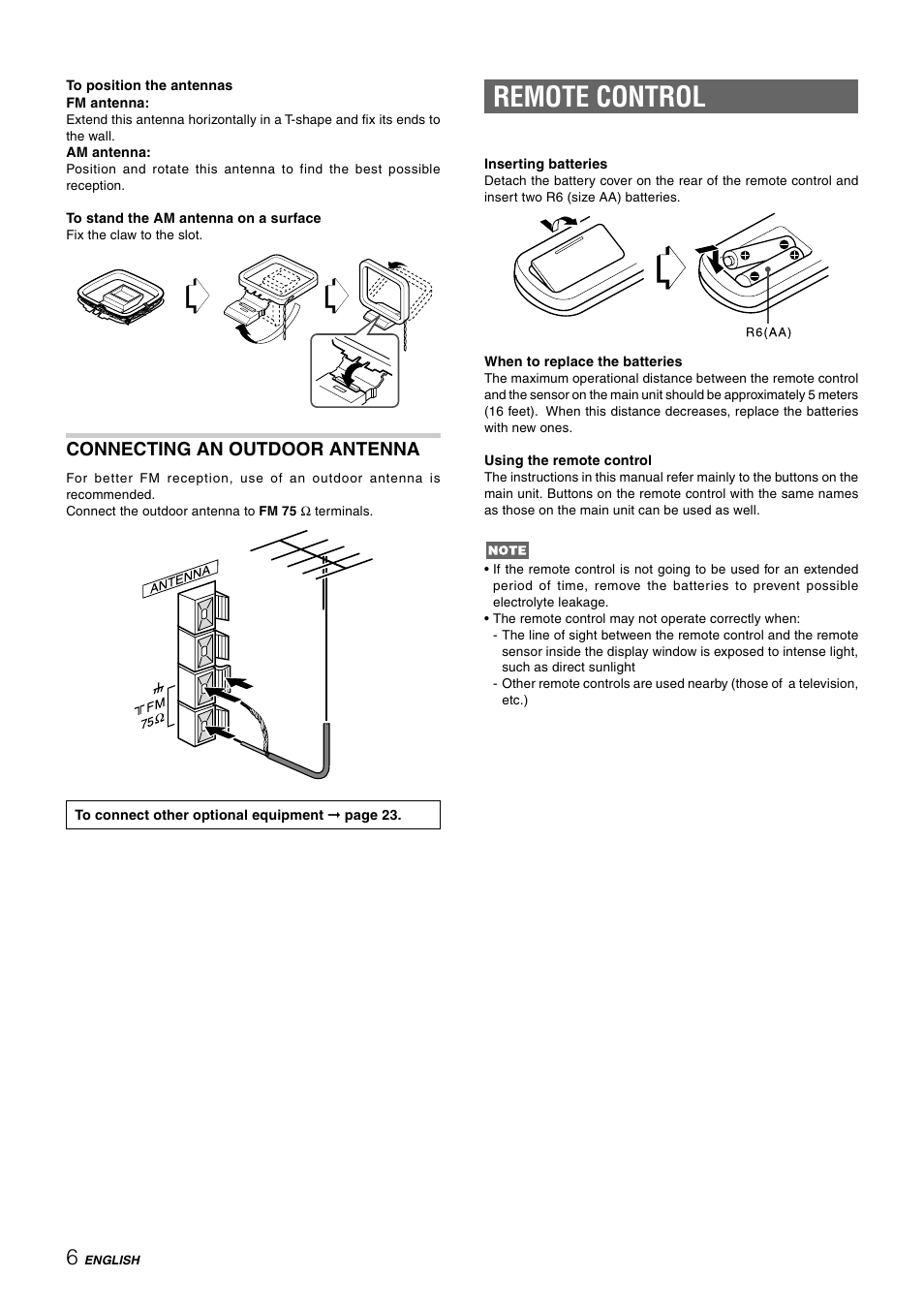 Remote control, Connecting an outdoor antenna | Aiwa NSX-HMT25 User Manual | Page 6 / 74