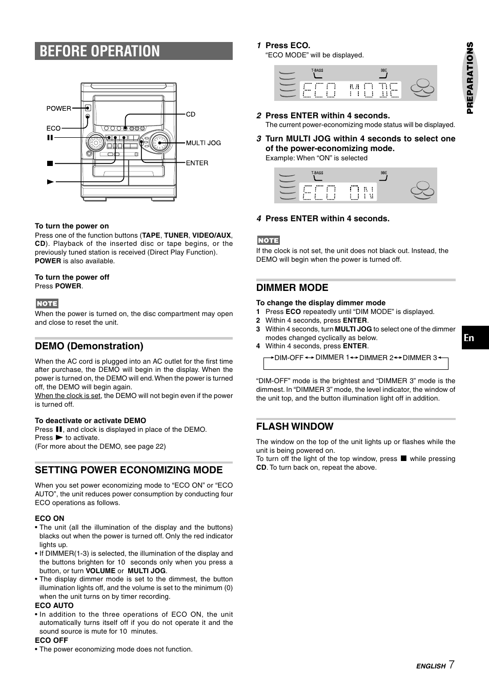 Before operation, Demo (demonstration), Setting power economizing mode | Dimmer mode, Flash window | Aiwa NSX-HMT25 User Manual | Page 7 / 74