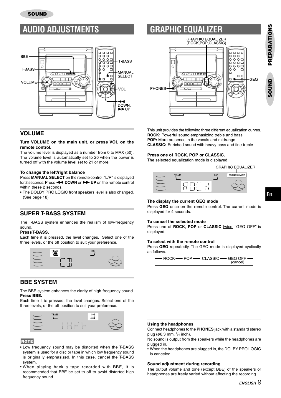 Audio adjustments, Graphic equalizer, Volume | Super t-bass system, Bbe system | Aiwa NSX-HMT25 User Manual | Page 9 / 74