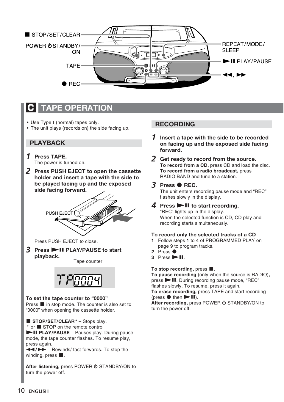 Tape operation | Aiwa CSD-FD99 User Manual | Page 10 / 12