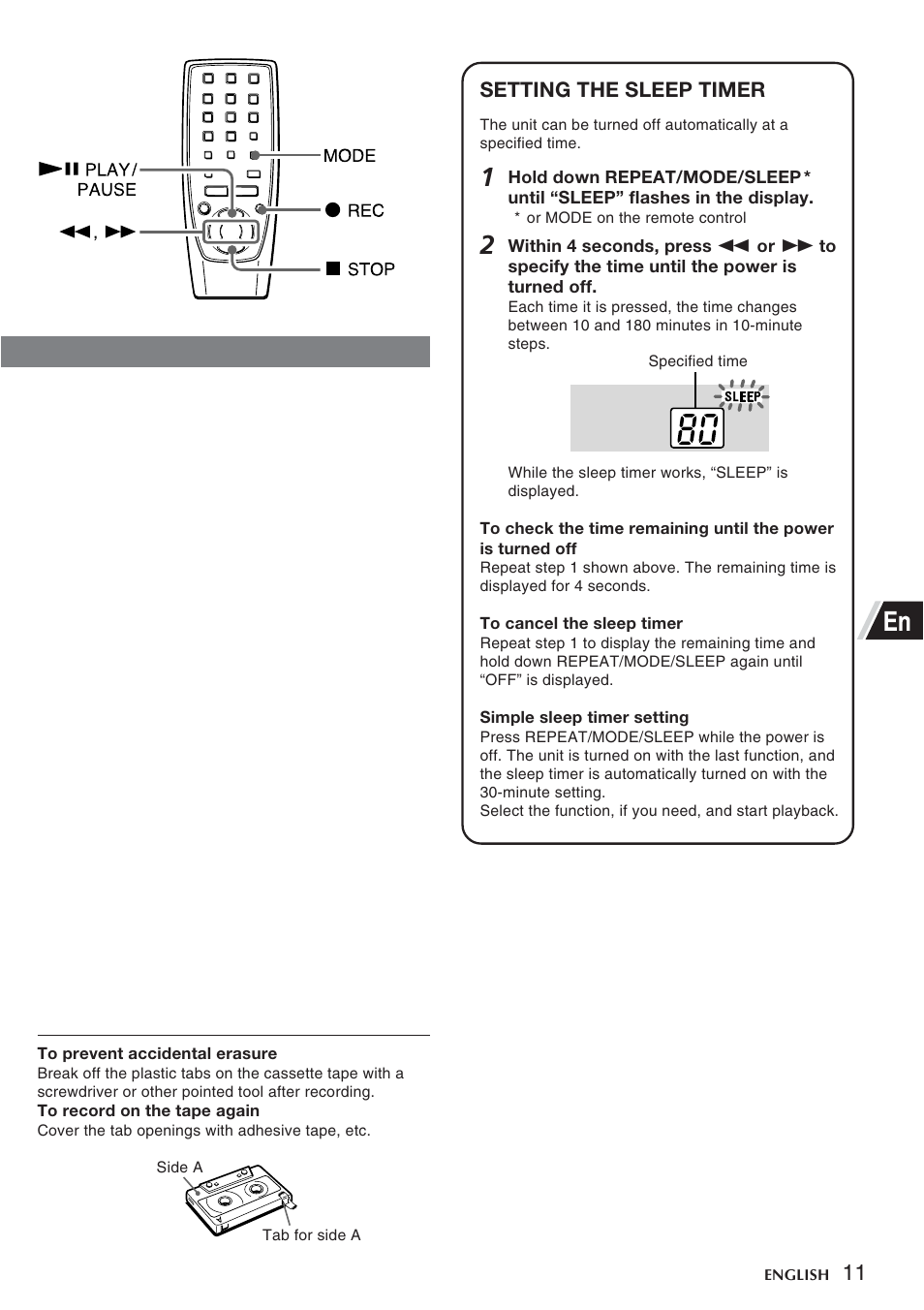 Setting the sleep timer | Aiwa CSD-FD99 User Manual | Page 11 / 12