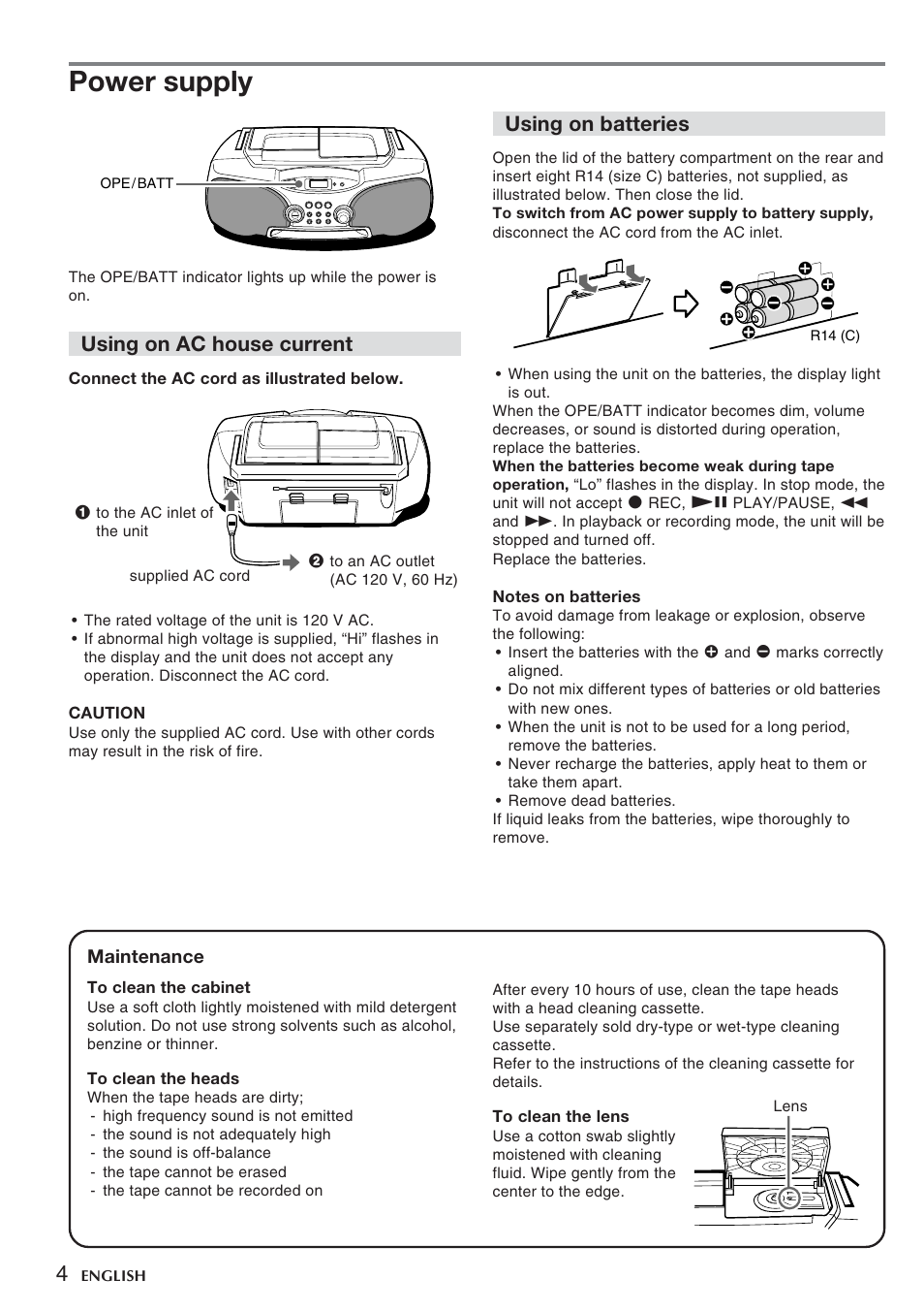 Power supply, Using on ac house current, Using on batteries | Aiwa CSD-FD99 User Manual | Page 4 / 12