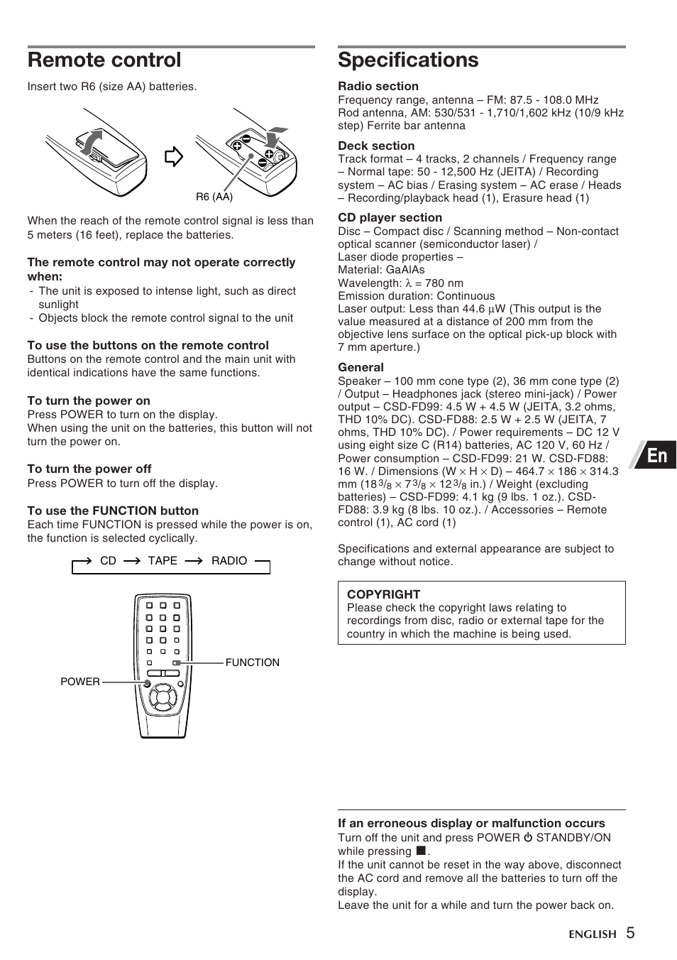 Remote control, Specifications | Aiwa CSD-FD99 User Manual | Page 5 / 12