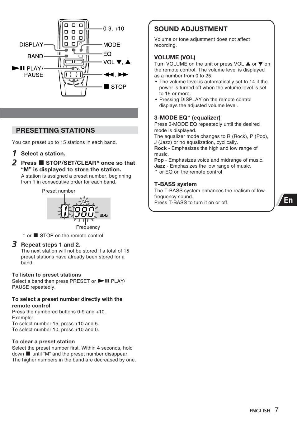 Presetting stations, Sound adjustment | Aiwa CSD-FD99 User Manual | Page 7 / 12