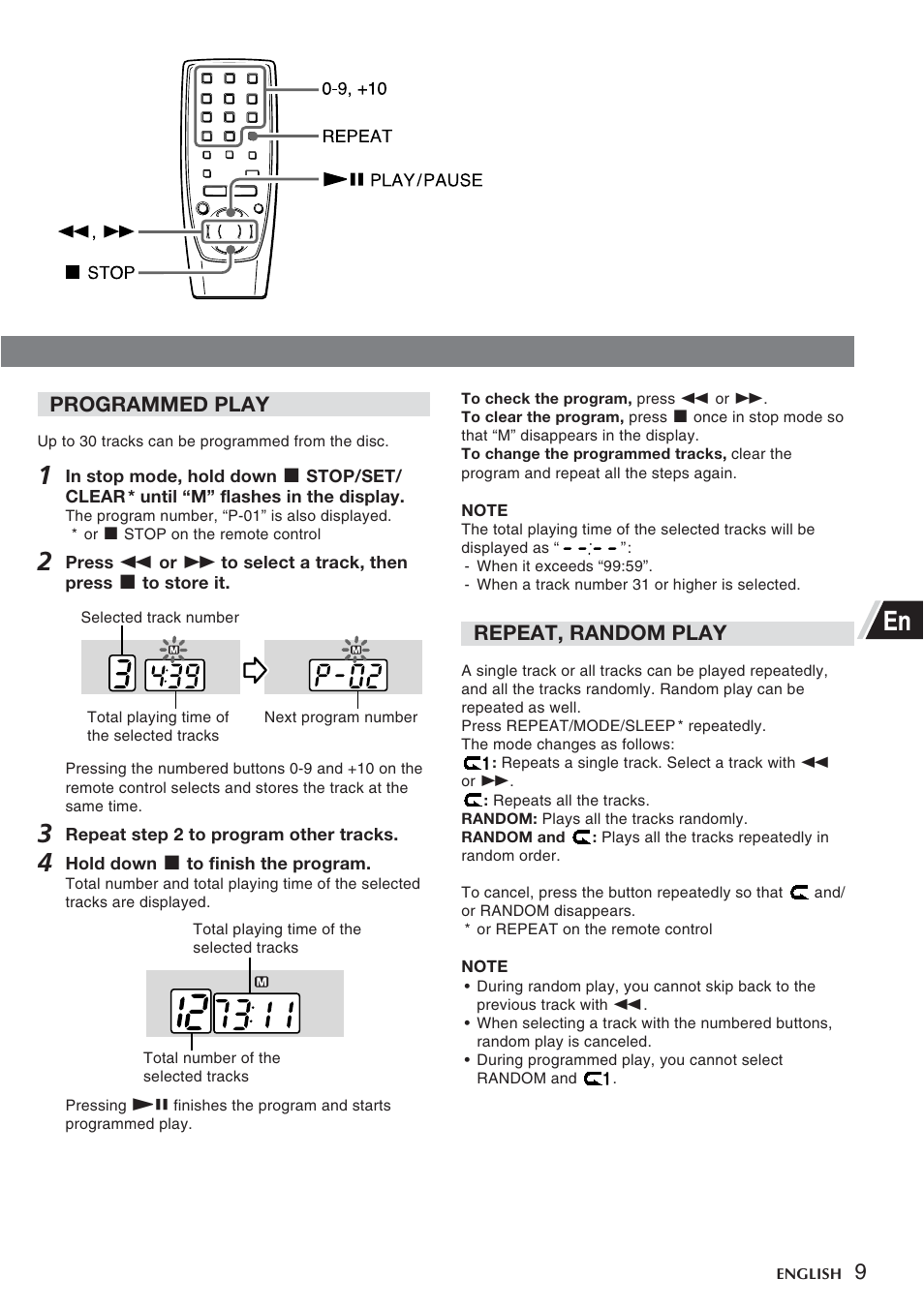 Programmed play, Repeat, random play | Aiwa CSD-FD99 User Manual | Page 9 / 12