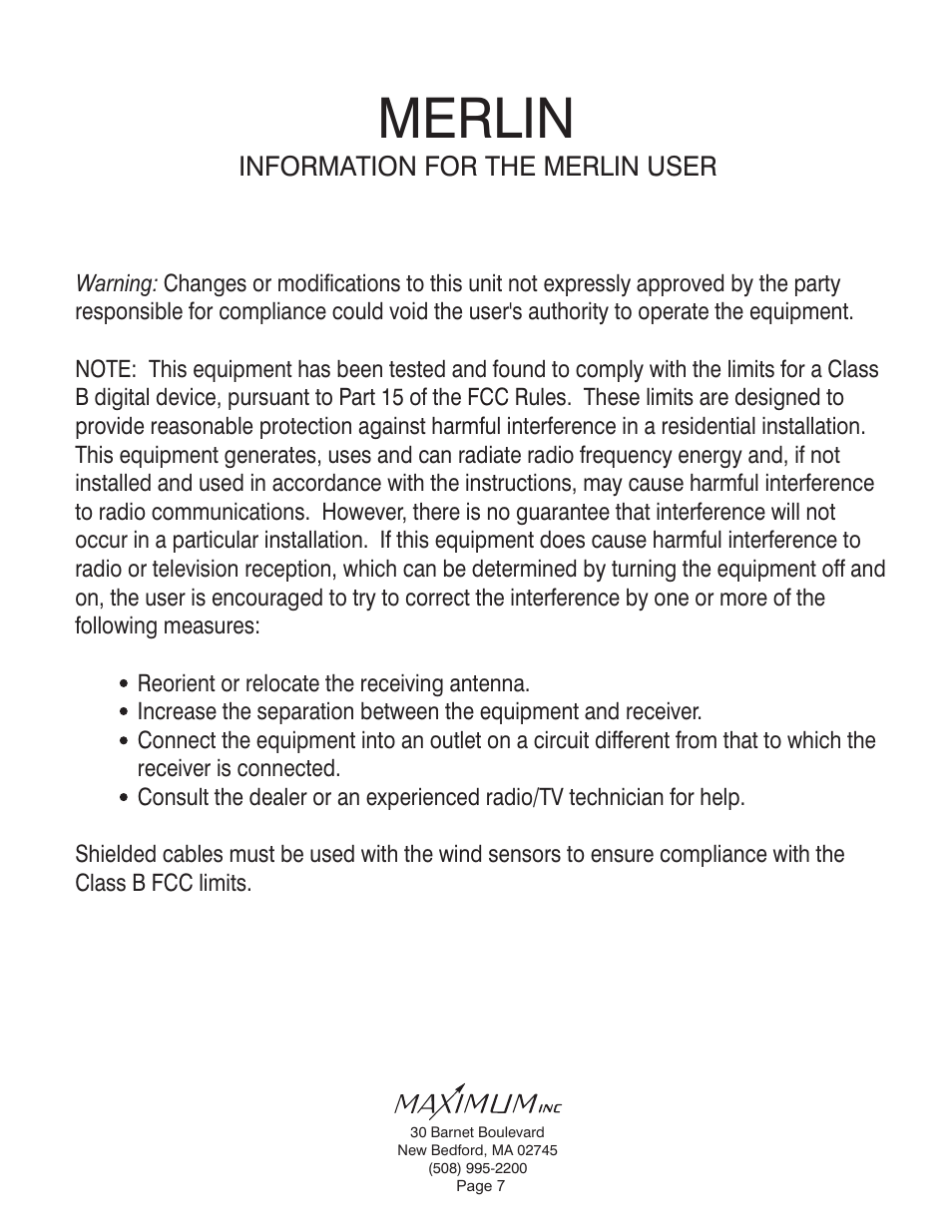 Merlin, Information for the merlin user | Maximum Merlin User Manual | Page 7 / 9