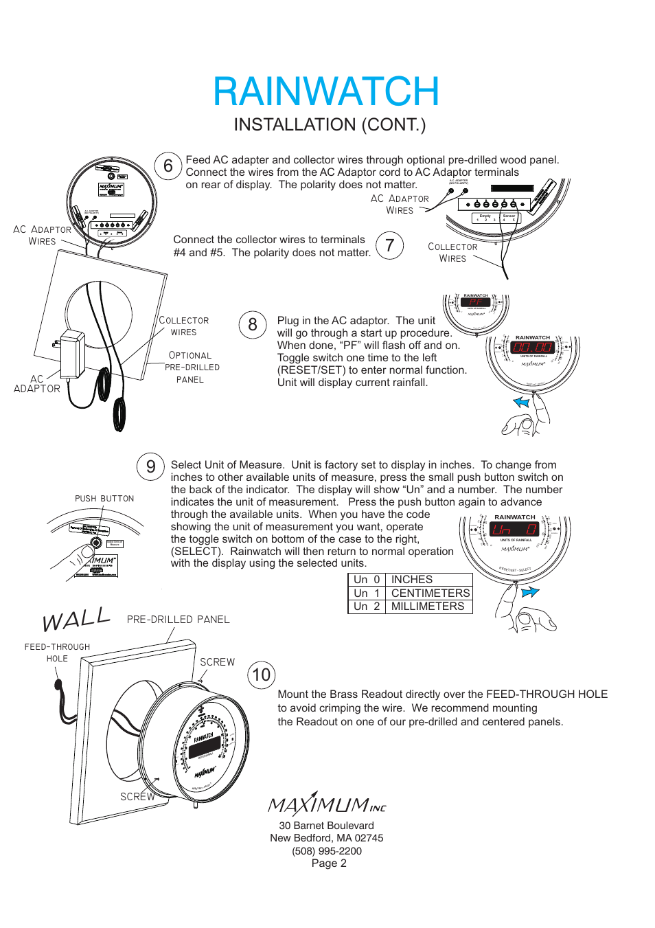 Rainwatch, Wall, Installation (cont.) 6 | Push button, Feed-through hole, Pre-drilled panel screw screw, Un 0 inches un 1 centimeters un 2 millimeters, Collector wires, Rtotal rainfall current rainfall | Maximum Rainwatch User Manual | Page 2 / 7