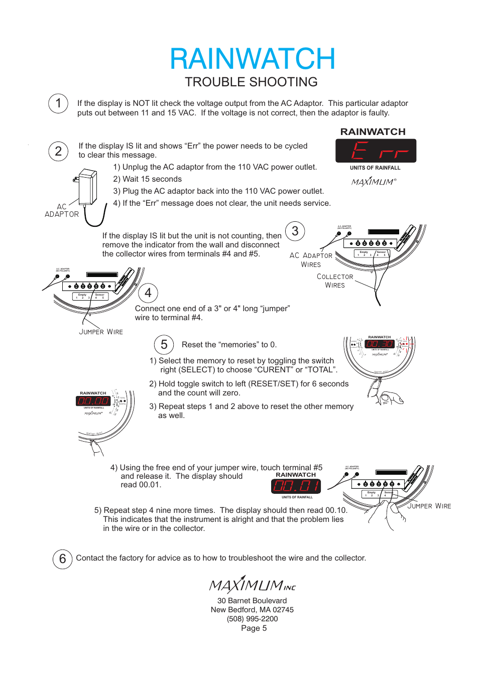 Rainwatch, Trouble shooting, Page 5 | Collector wires, Jumper wire | Maximum Rainwatch User Manual | Page 5 / 7