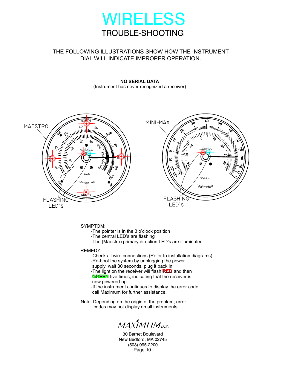 Wireless, Trouble-shooting, Flashing led s | Flashing led s mini-max, Maestro | Maximum Wireless Maestro User Manual | Page 10 / 16