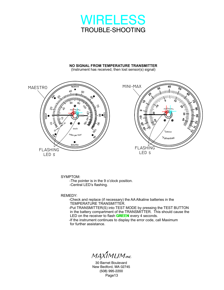 Wireless, Trouble-shooting, Maestro | Flashing led s mini-max, Flashing led s | Maximum Wireless Maestro User Manual | Page 13 / 16