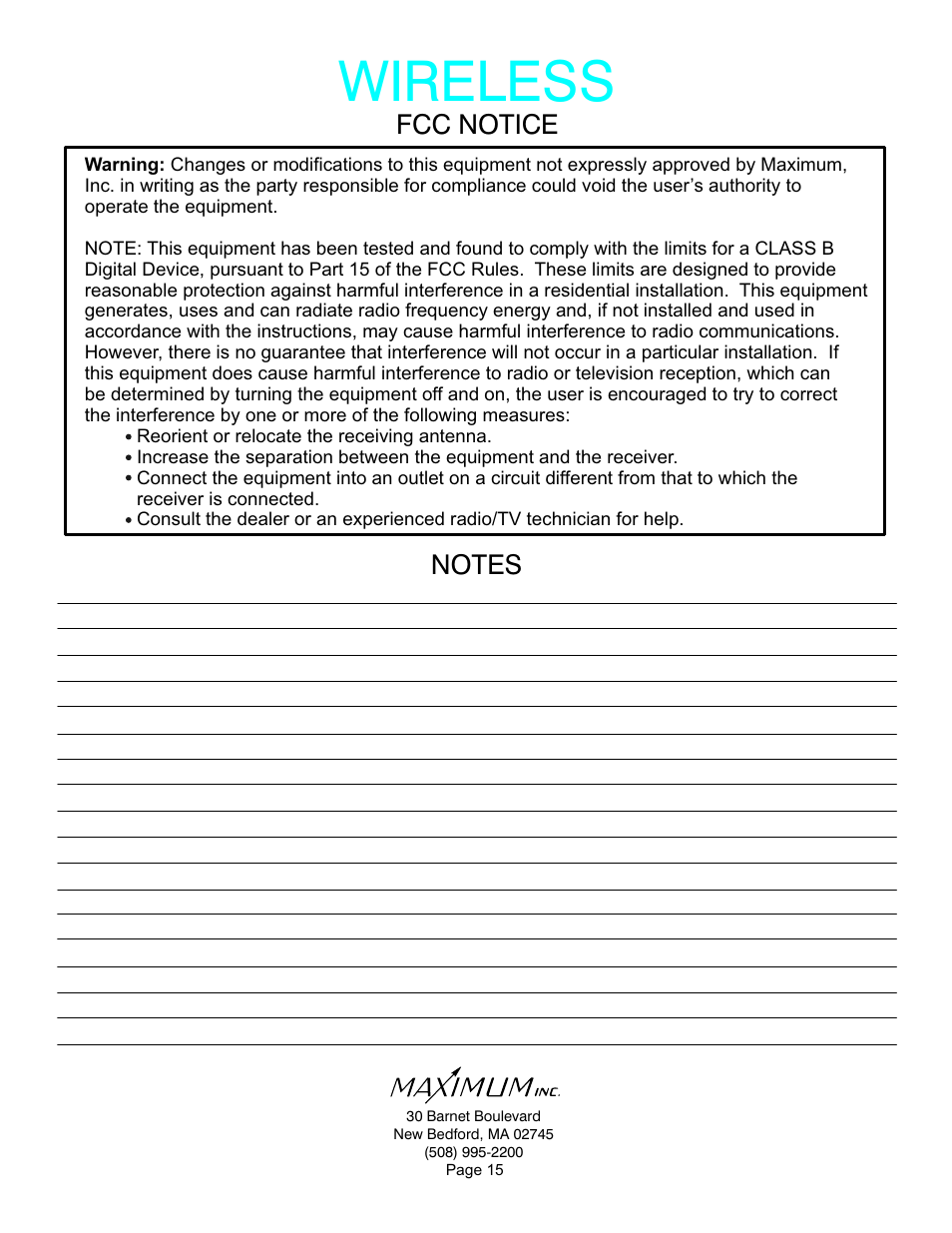 Wireless, Fcc notice | Maximum Wireless Maestro User Manual | Page 15 / 16