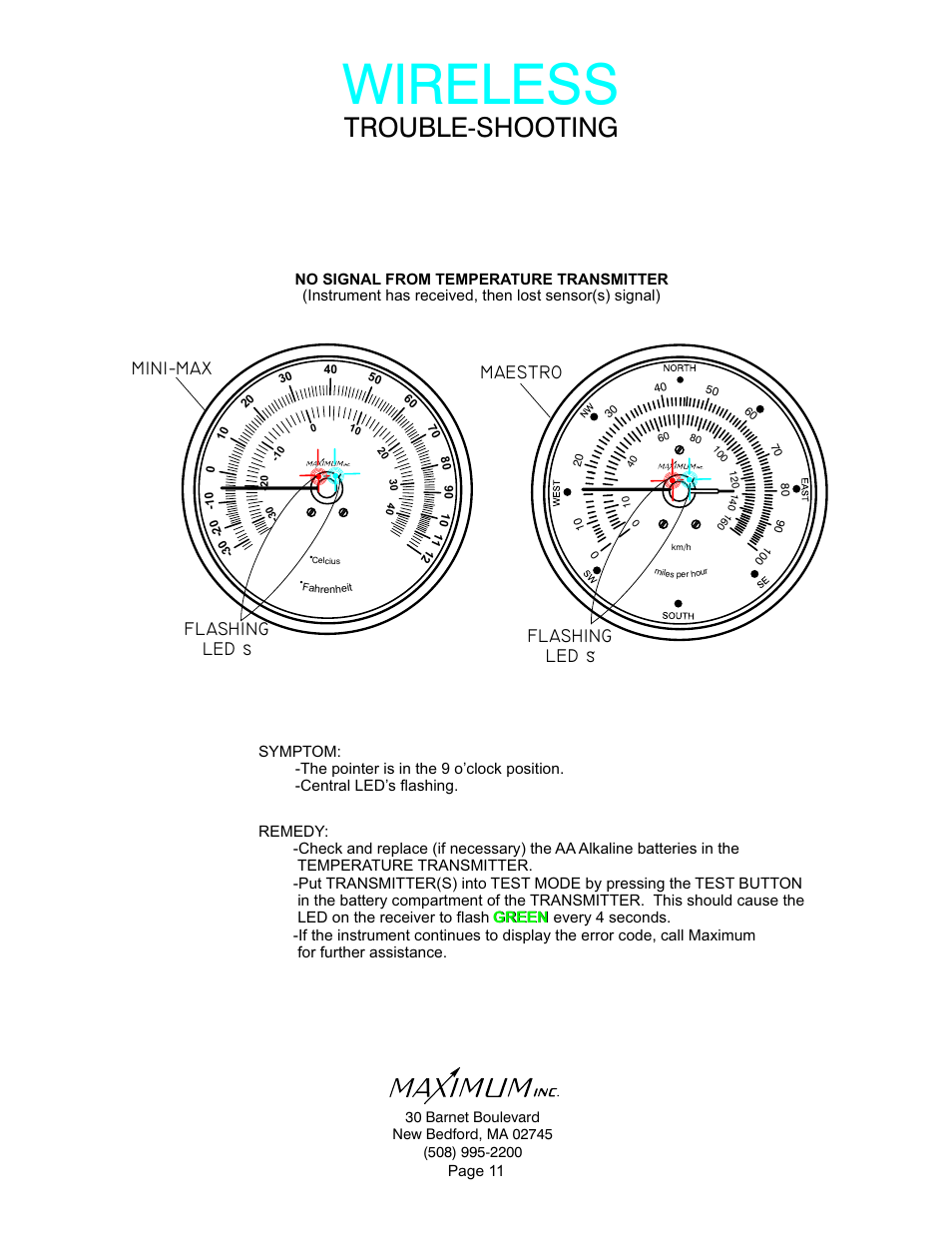 Wireless, Trouble-shooting, Maestro | Flashing led s mini-max, Flashing led s | Maximum Wireless Mini-Max User Manual | Page 11 / 14