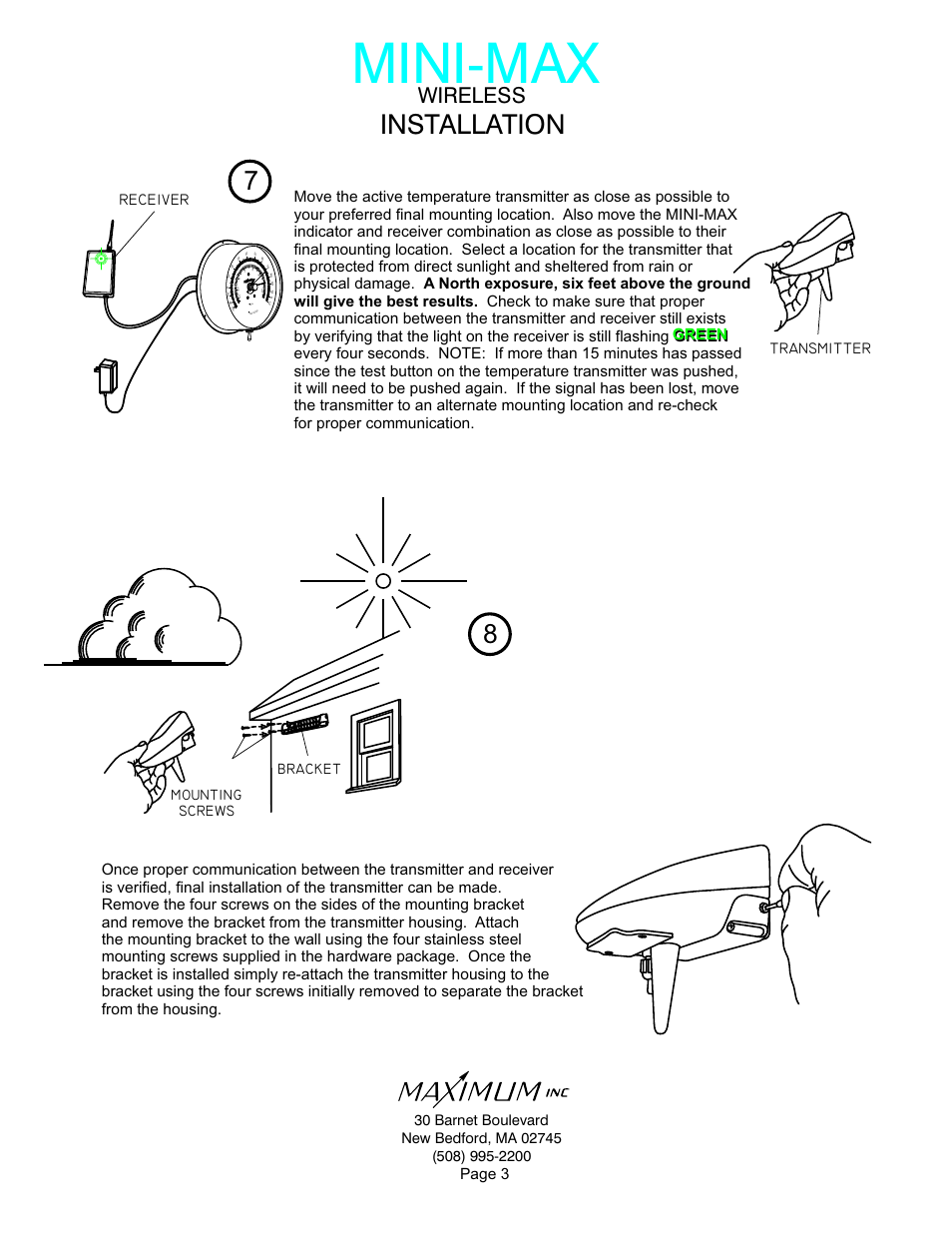 Mini-max, Installation, Wireless | Page 3, Receiver, Bracket mounting screws | Maximum Wireless Mini-Max User Manual | Page 3 / 14