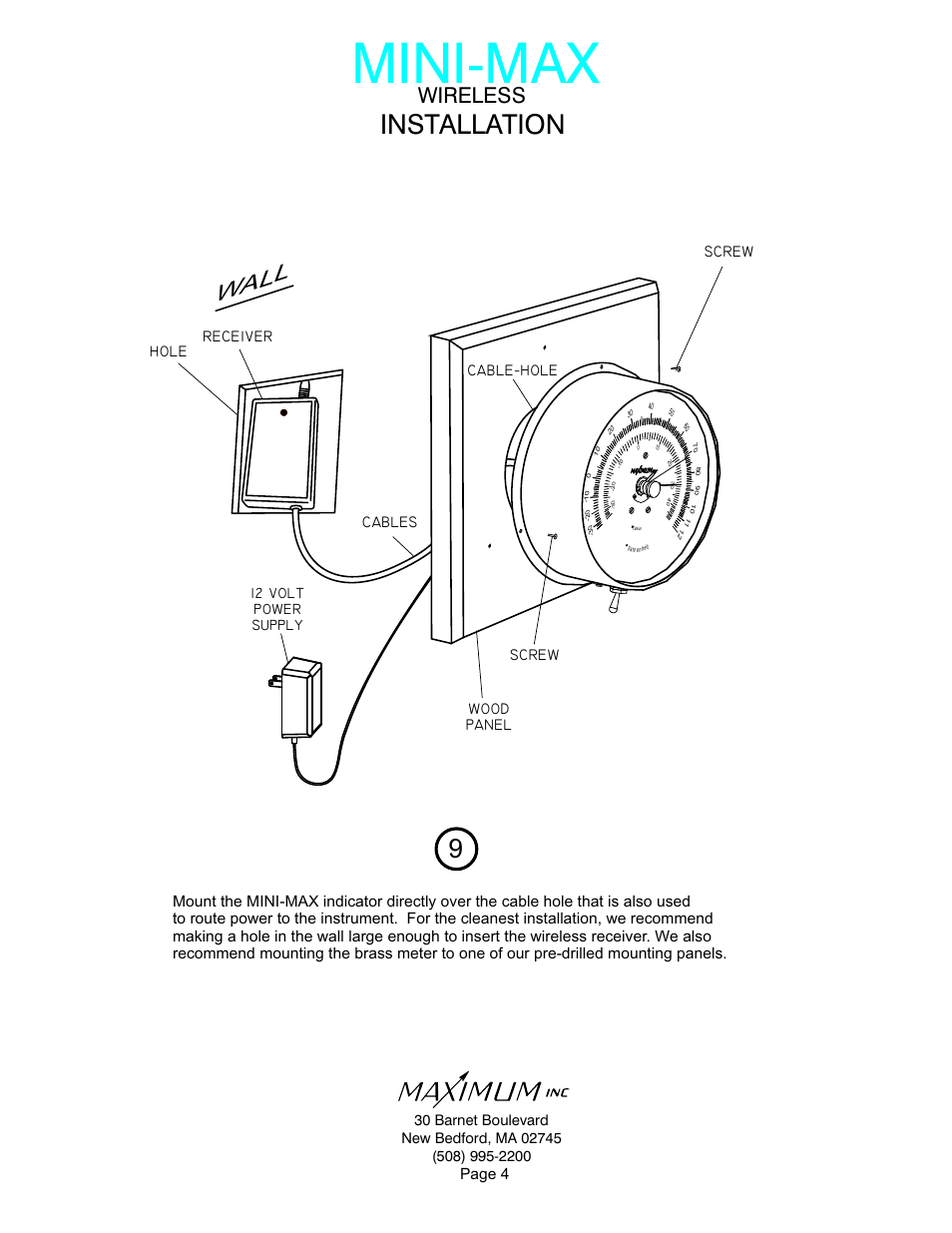 Mini-max, Installation, Wl a l | Wireless, Page 4, Cable-hole cables wood panel, Screw receiver, Screw, 12 volt power supply | Maximum Wireless Mini-Max User Manual | Page 4 / 14