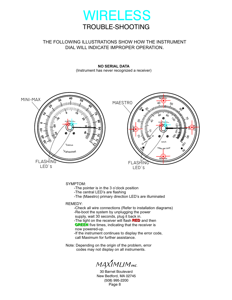 Wireless, Trouble-shooting, Flashing led s | Flashing led s mini-max, Maestro | Maximum Wireless Mini-Max User Manual | Page 8 / 14