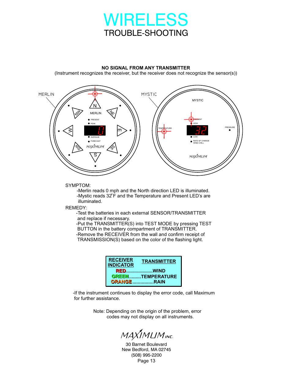 Wireless, Trouble-shooting | Maximum Wireless Merlin User Manual | Page 13 / 18