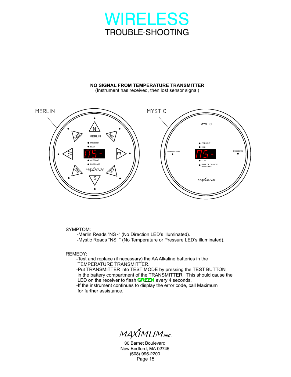 Wireless, Trouble-shooting, Merlin | Mystic | Maximum Wireless Merlin User Manual | Page 15 / 18