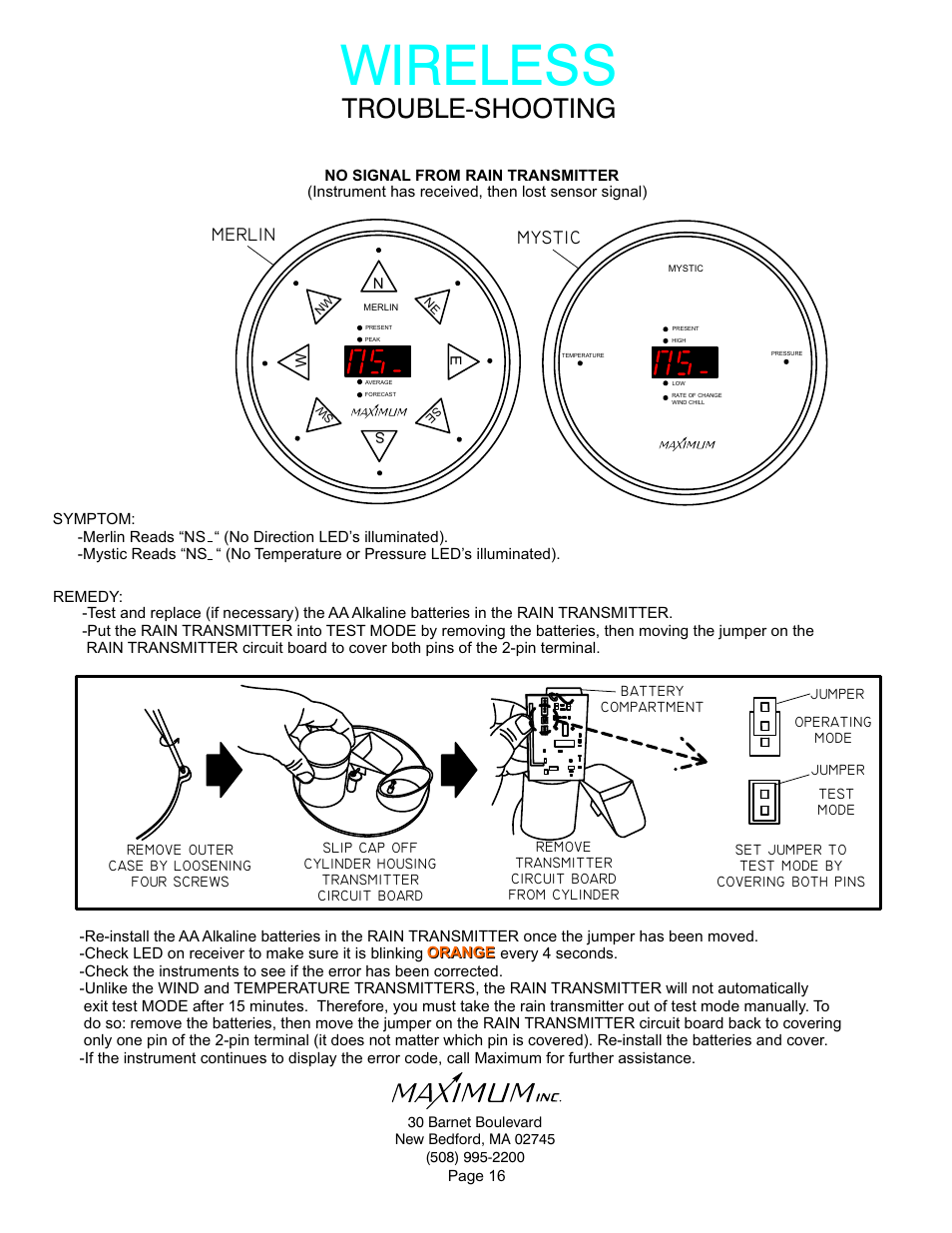 Wireless, Trouble-shooting, Merlin | Mystic | Maximum Wireless Merlin User Manual | Page 16 / 18