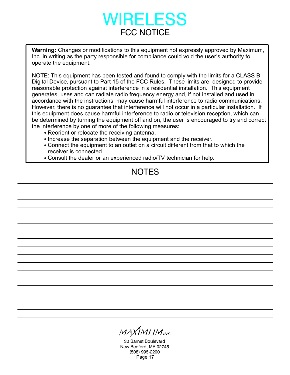 Wireless, Fcc notice | Maximum Wireless Merlin User Manual | Page 17 / 18