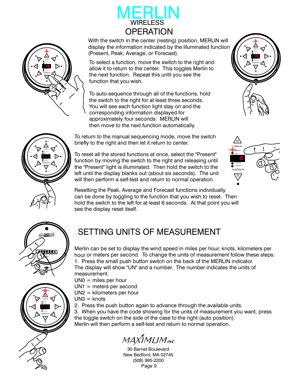 Merlin, Operation, Setting units of measurement | Wireless, Page 9 | Maximum Wireless Merlin User Manual | Page 9 / 18