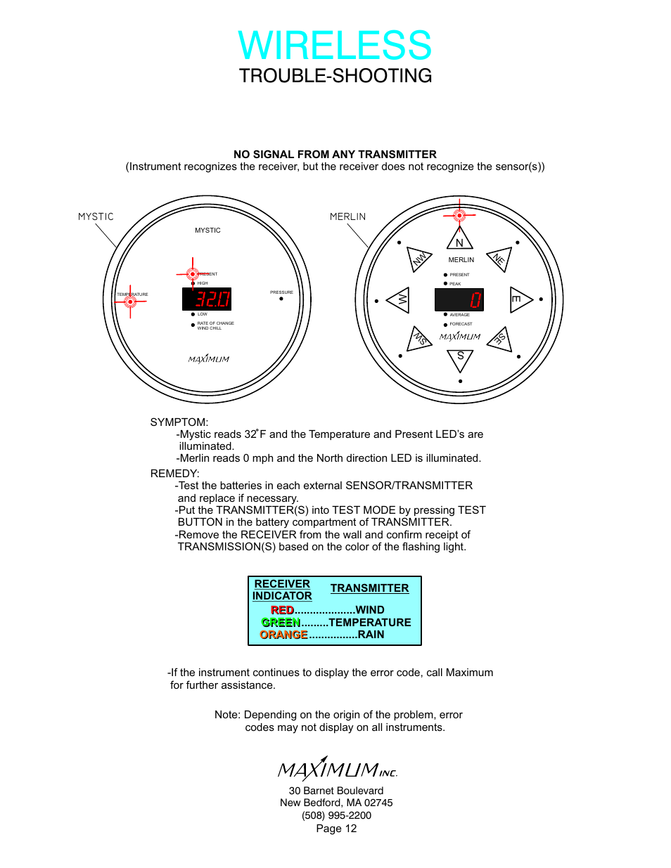 Wireless, Trouble-shooting | Maximum Wireless Mystic User Manual | Page 12 / 17