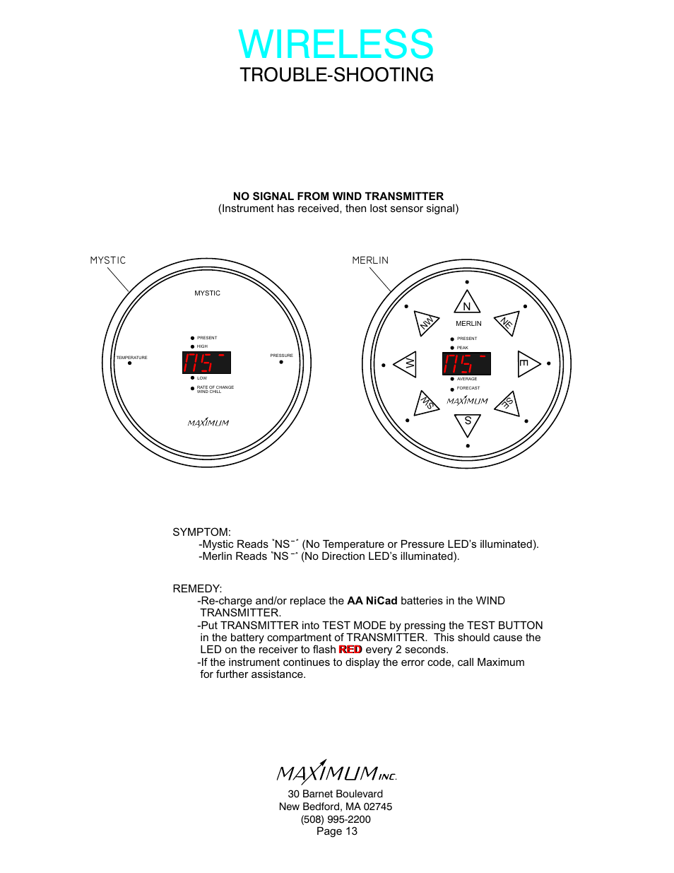 Wireless, Trouble-shooting | Maximum Wireless Mystic User Manual | Page 13 / 17