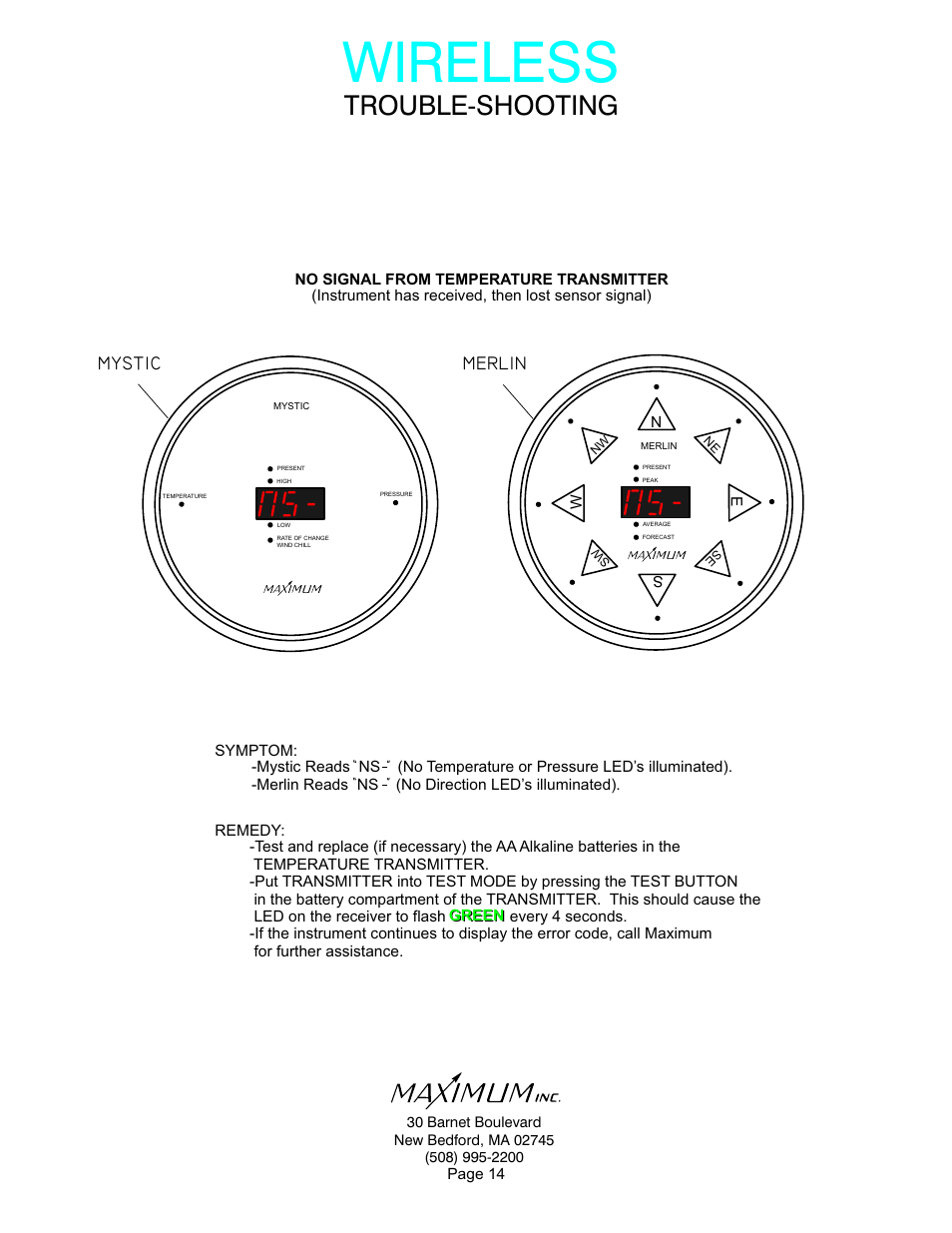 Wireless, Trouble-shooting, Merlin | Mystic | Maximum Wireless Mystic User Manual | Page 14 / 17