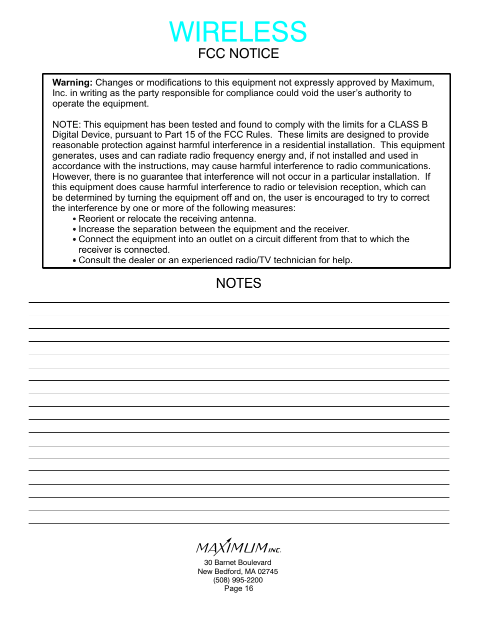 Wireless, Fcc notice | Maximum Wireless Mystic User Manual | Page 16 / 17