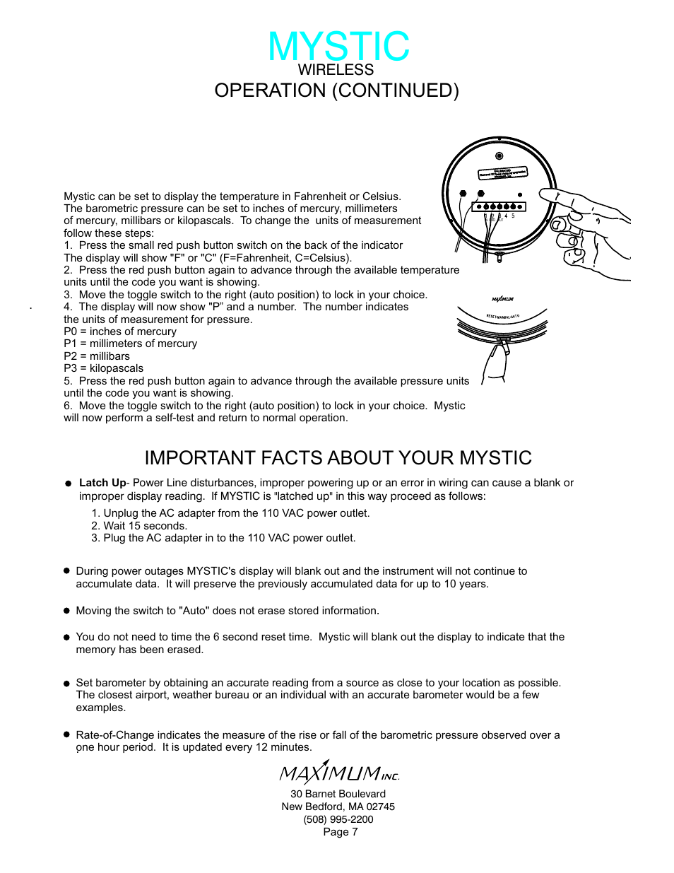 Mystic, Important facts about your mystic, Operation (continued) | Maximum Wireless Mystic User Manual | Page 7 / 17