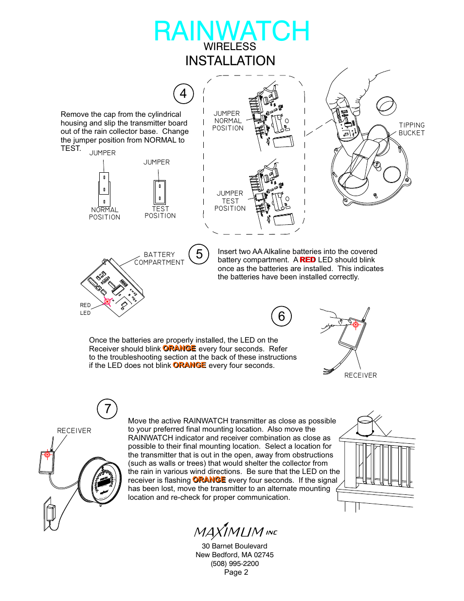 Rainwatch, Installation, Wireless | Red page 2, Receiver, Orange, Battery compartment test position, Tipping bucket receiver, Red led, Jumper normal position jumper | Maximum Wireless Rainwatch User Manual | Page 2 / 11