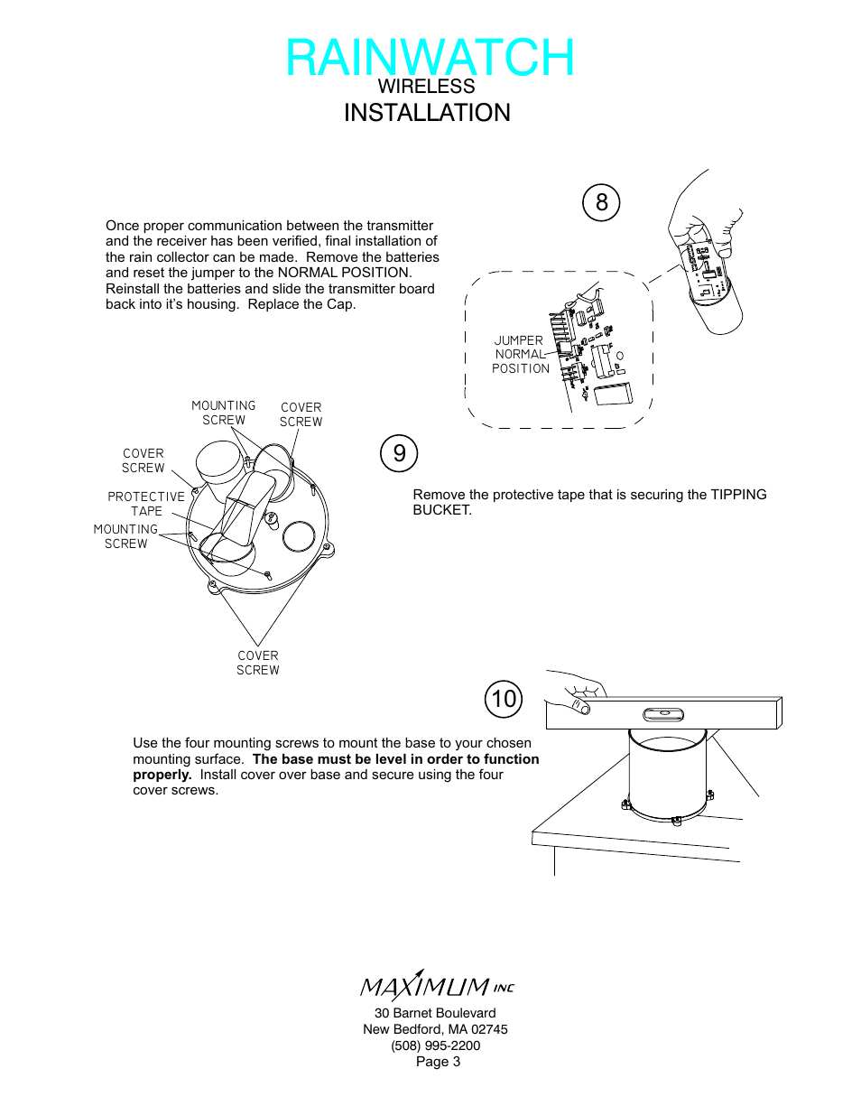 Rainwatch, Installation, Wireless | Page 3, Protective tape | Maximum Wireless Rainwatch User Manual | Page 3 / 11