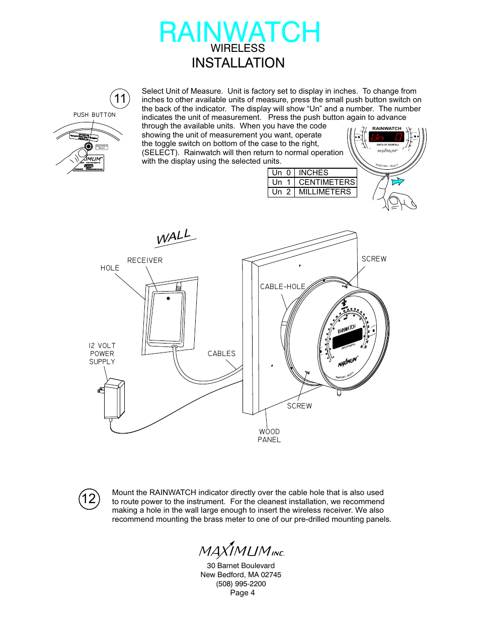 Rainwatch, Installation, W l l a | Wireless, Cable-hole cables screw wood panel, Screw receiver, Page 4, 12 volt power supply | Maximum Wireless Rainwatch User Manual | Page 4 / 11