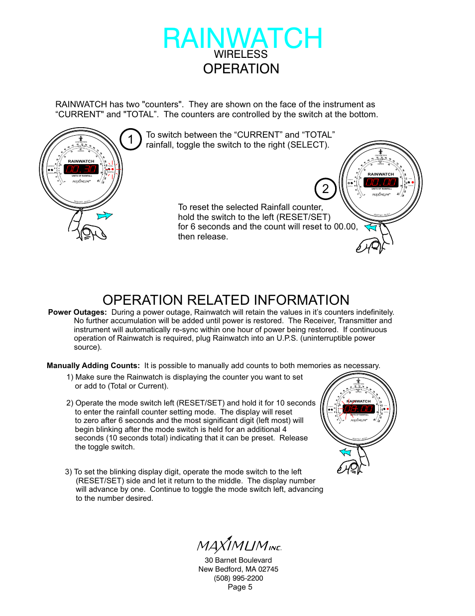 Rainwatch, Operation related information, Operation | Wireless, Page 5, Total rainfall current rainfall | Maximum Wireless Rainwatch User Manual | Page 5 / 11