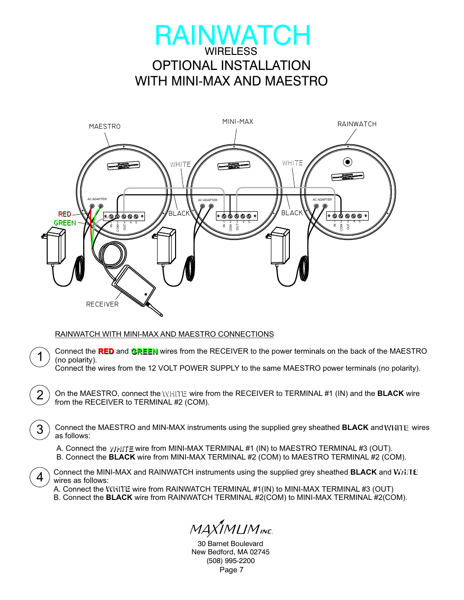 Rainwatch, Optional installation with mini-max and maestro, Wireless | Maximum Wireless Rainwatch User Manual | Page 7 / 11