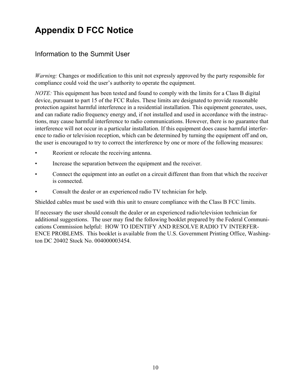 Appendix d fcc notice | Maximum Summit User Manual | Page 11 / 13