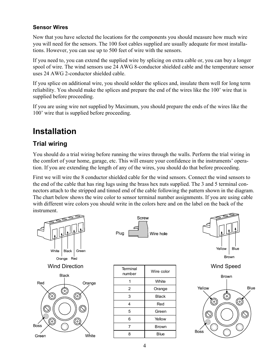 Installation, Trial wiring, Wind direction wind speed | Maximum Summit User Manual | Page 5 / 13