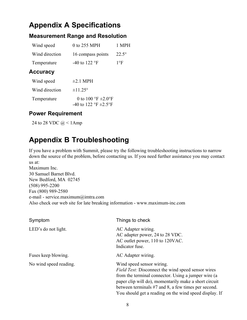 Appendix a specifications, Appendix b troubleshooting | Maximum Summit User Manual | Page 9 / 13