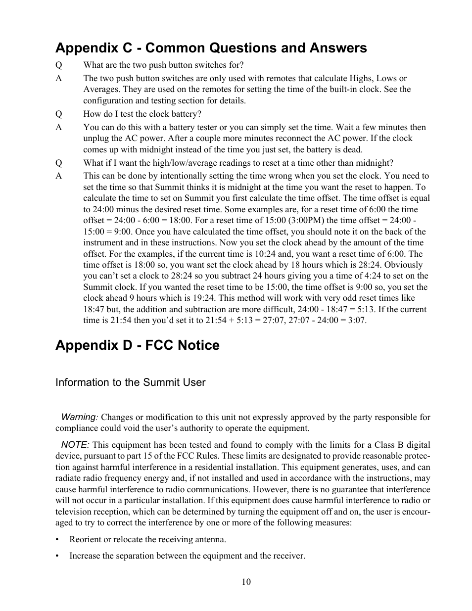 Appendix c - common questions and answers, Appendix d - fcc notice | Maximum Summit Remote User Manual | Page 11 / 13