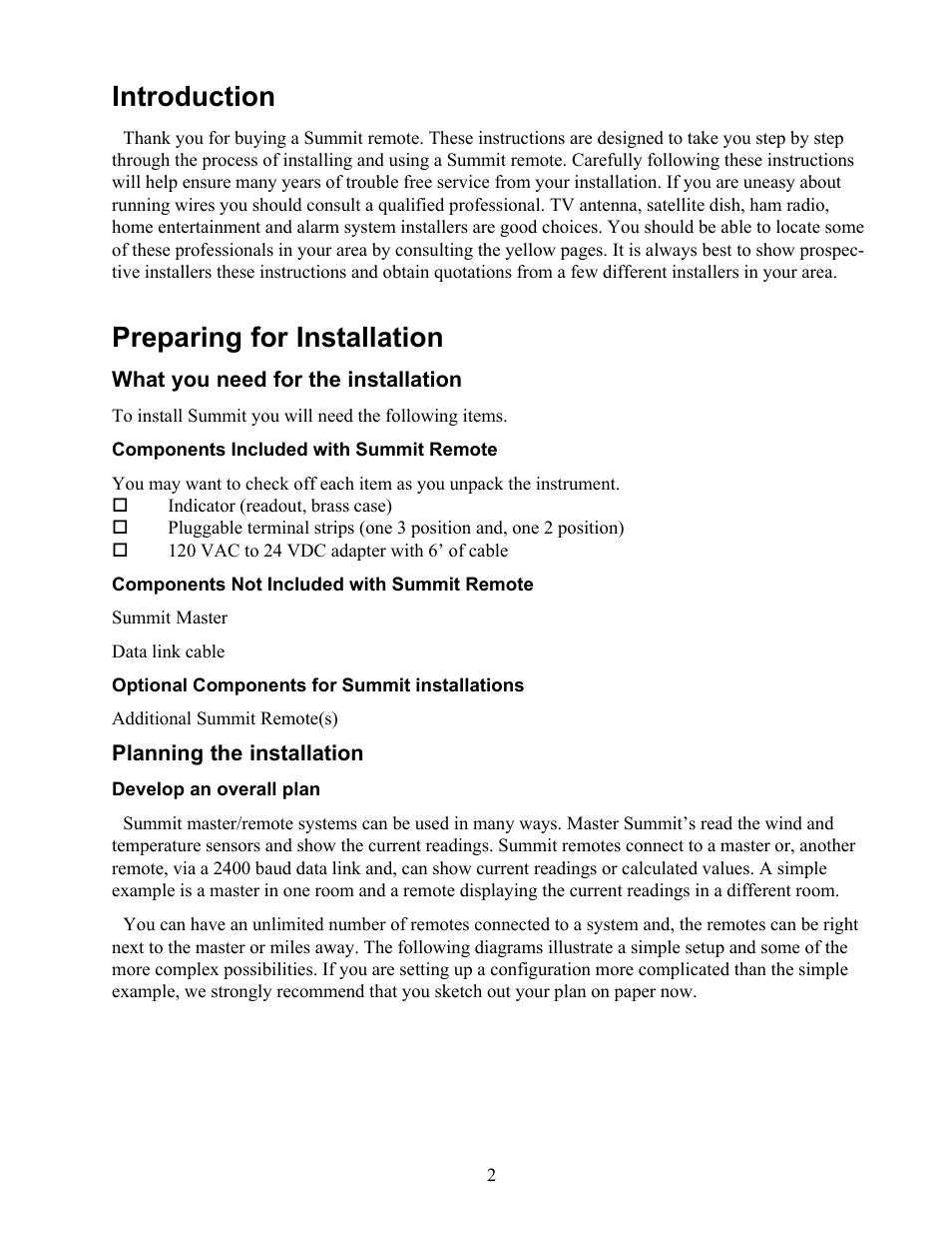 Introduction, Preparing for installation, What you need for the installation | Planning the installation, Introduction preparing for installation | Maximum Summit Remote User Manual | Page 3 / 13