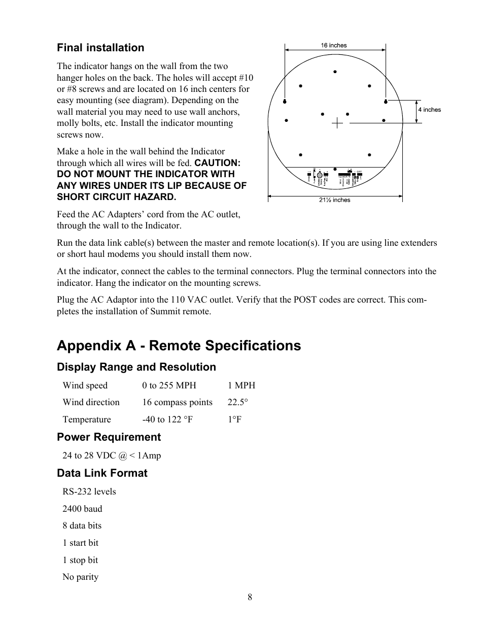 Final installation, Appendix a - remote specifications | Maximum Summit Remote User Manual | Page 9 / 13