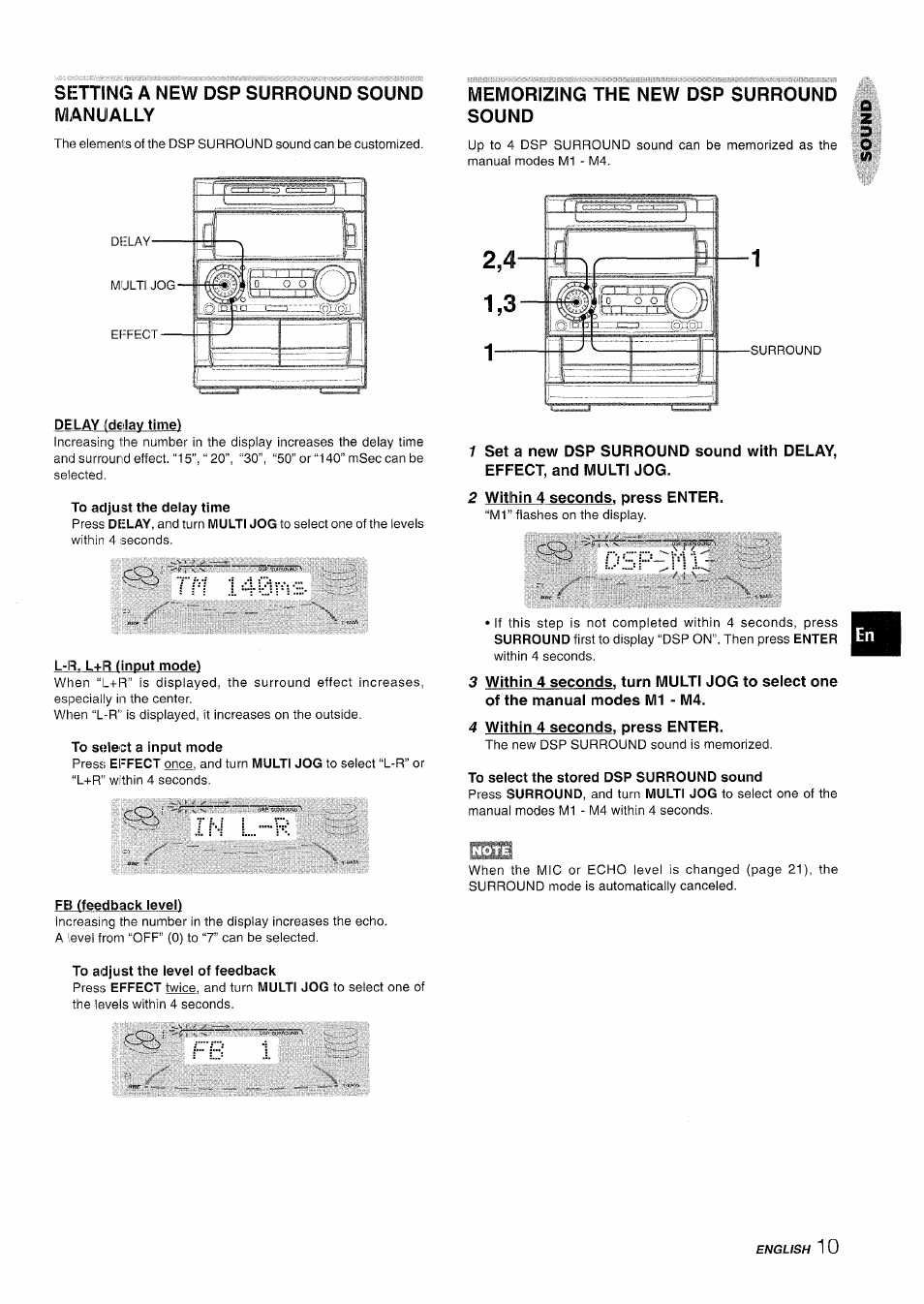 Memorizing the new dsp surround, Sound z, 2 within 4 seconds, press enter | Dsp m, In l k, 4 within 4 seconds, press enter, Fb 1, I n l... k, T m 1 4 m s | Aiwa NSX-A909 User Manual | Page 11 / 88