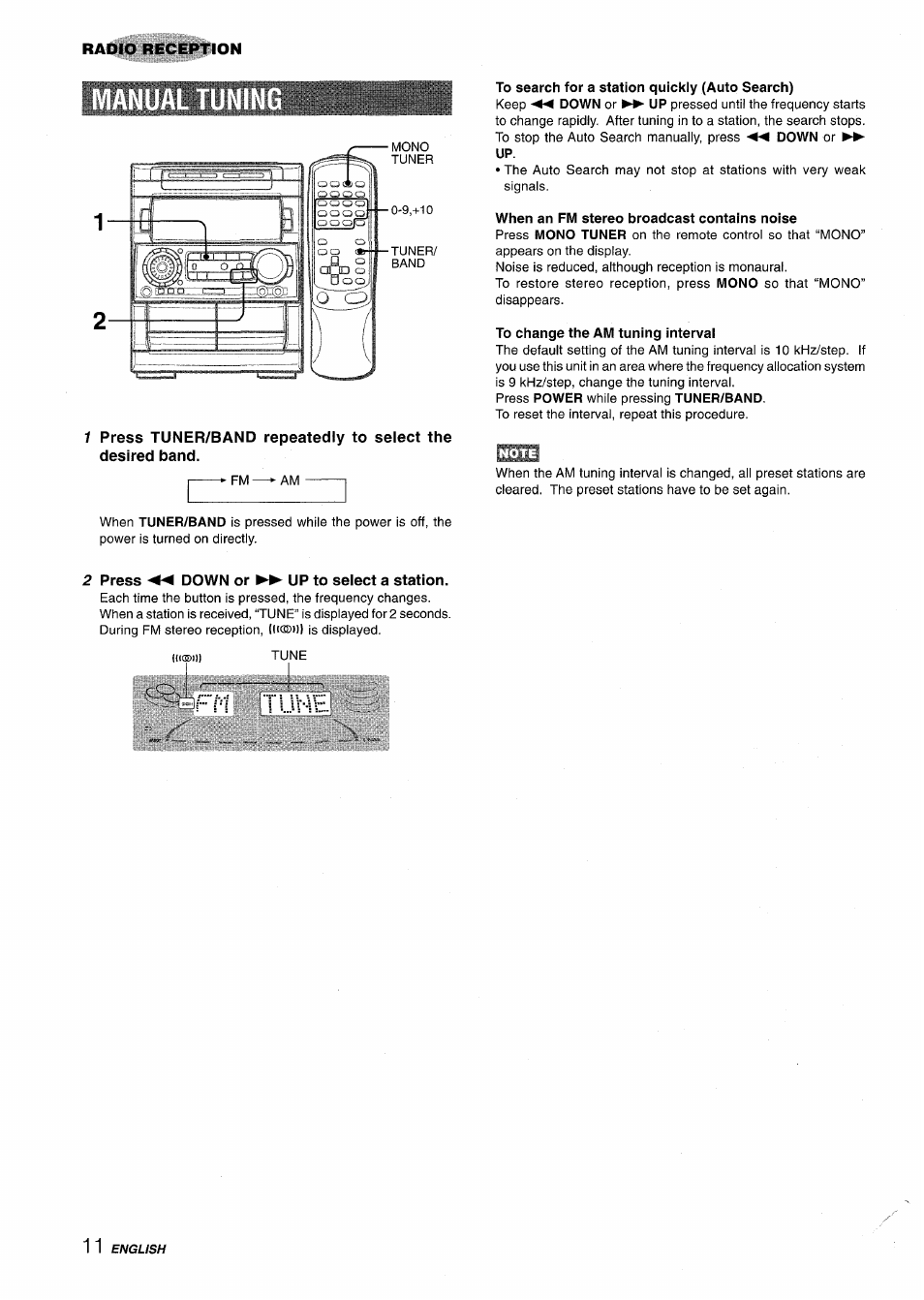 To search for a station quickly (auto search), When an fm stereo broadcast contains noise, To change the am tuning interval | 2 press ◄◄ down or ►► up to select a station, Flm tuv-ah | Aiwa NSX-A909 User Manual | Page 12 / 88