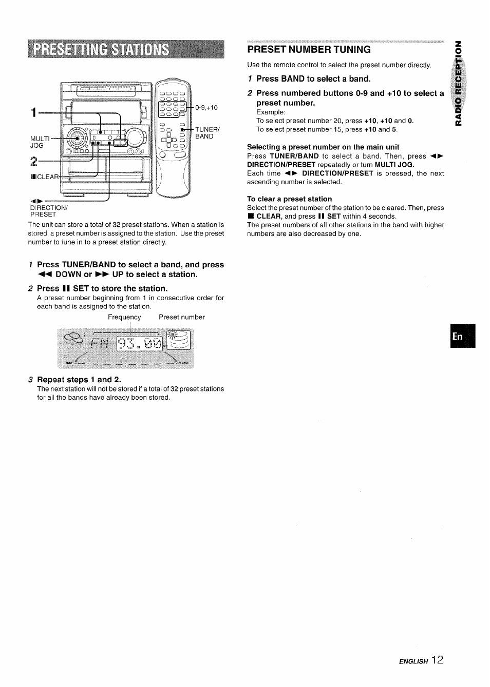 Preset number tuning, 1 press band to select a band, 2 press ii set to store the station | 3 repeat steps 1 and 2 | Aiwa NSX-A909 User Manual | Page 13 / 88