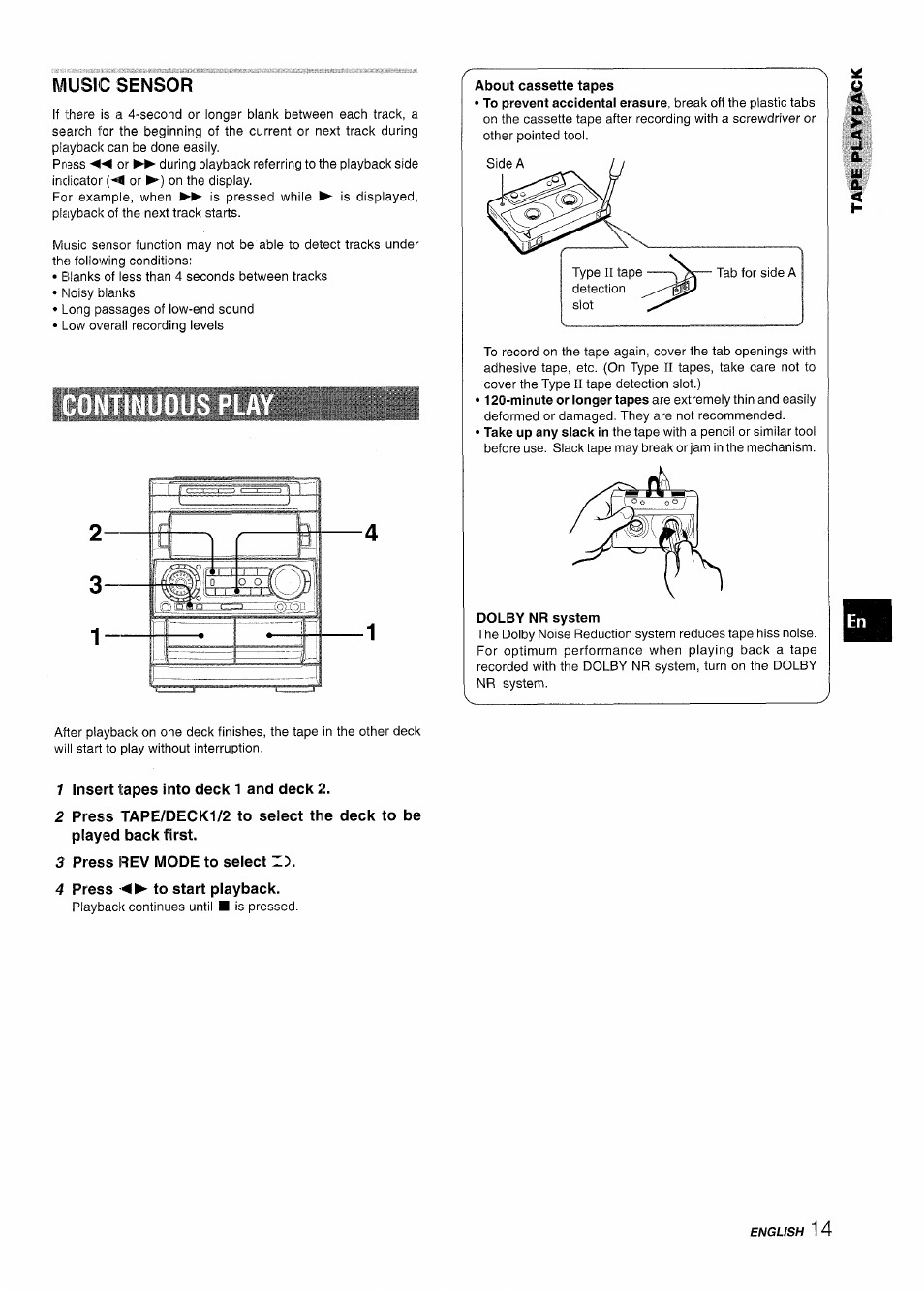 Music sensor, 1 insert tapes into deck 1 and deck 2, 3 press rev mode to select z") | 4 press to start playback | Aiwa NSX-A909 User Manual | Page 15 / 88