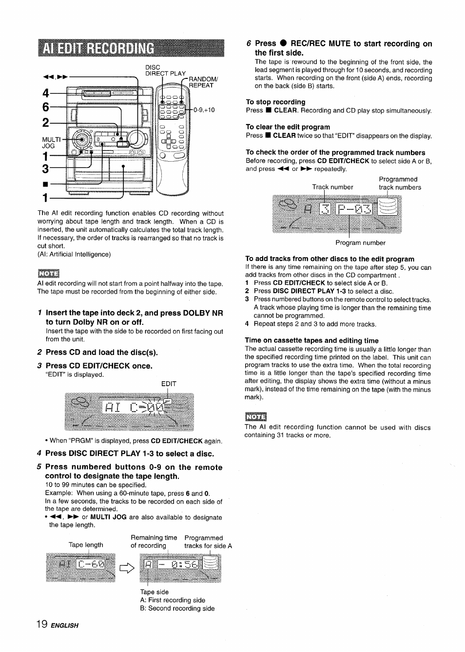 2 press cd and load the disc(s), 3 press cd edit/check once, 4 press disc direct play 1-3 to select a disc | To stop recording, To check the order of the programmed track numbers, R 3 f- 03, To add tracks from other discs to the edit program, Time on cassette tapes and editing time, R 3 f | Aiwa NSX-A909 User Manual | Page 20 / 88