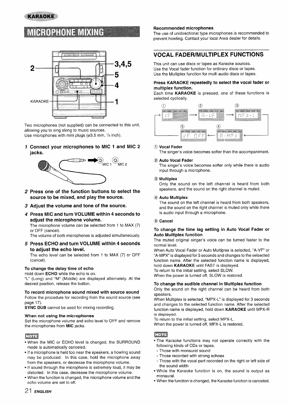 Recommended microphones, 3 adjust the volume and tone of the source, To change the delay time of echo | To record microphone sound mixed with source sound, Vocal fader/multiplex functions, Vocal fader, D) multiplex, Auto multiplex, 5) cancel | Aiwa NSX-A909 User Manual | Page 22 / 88