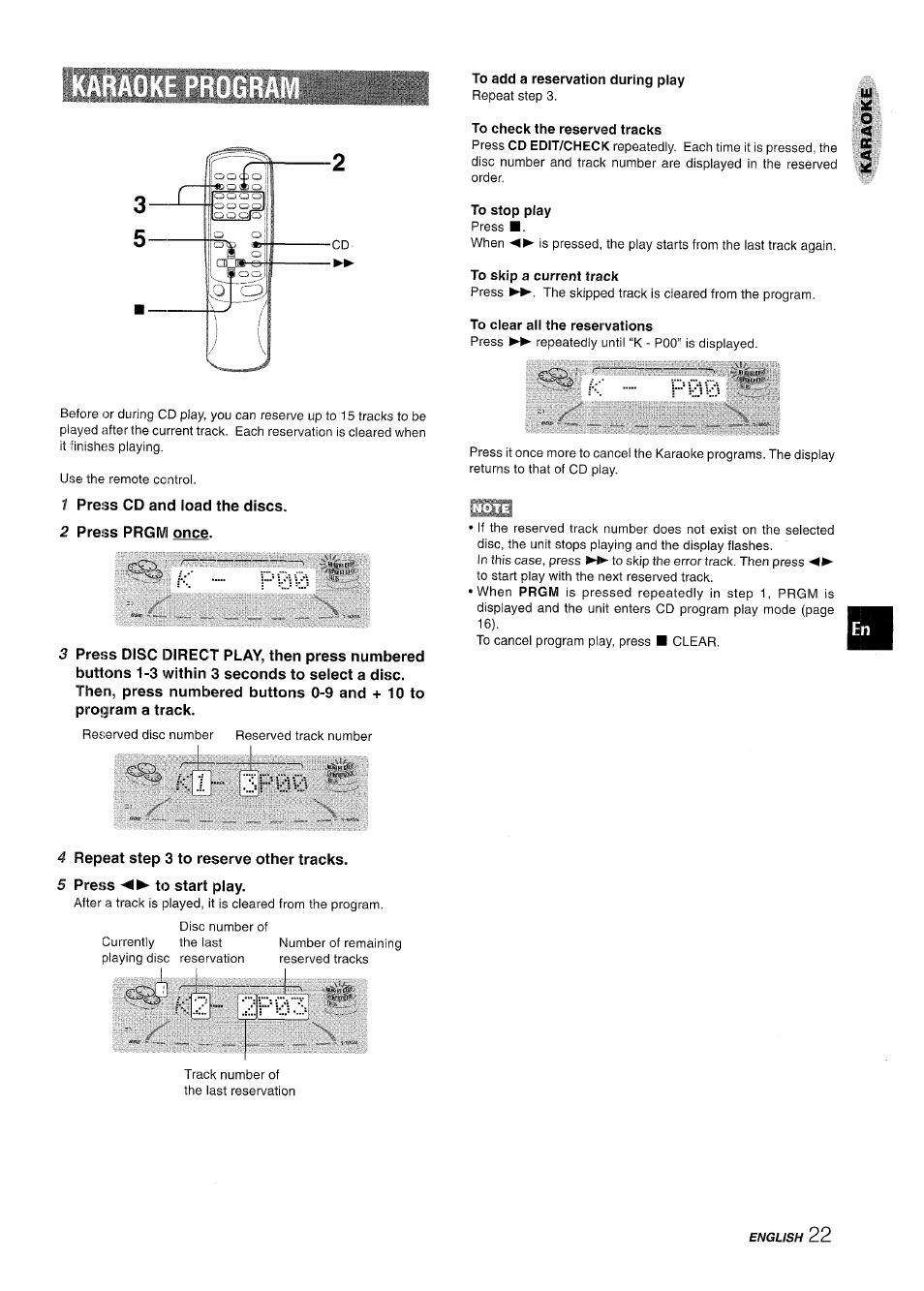 K p00, Ki 3p00, To add a reservation during piay | To check the reserved tracks, To stop play, To skip a current track, To clear all the reservations, K2 2p03, K i p00, K 2 . 2p03 | Aiwa NSX-A909 User Manual | Page 23 / 88