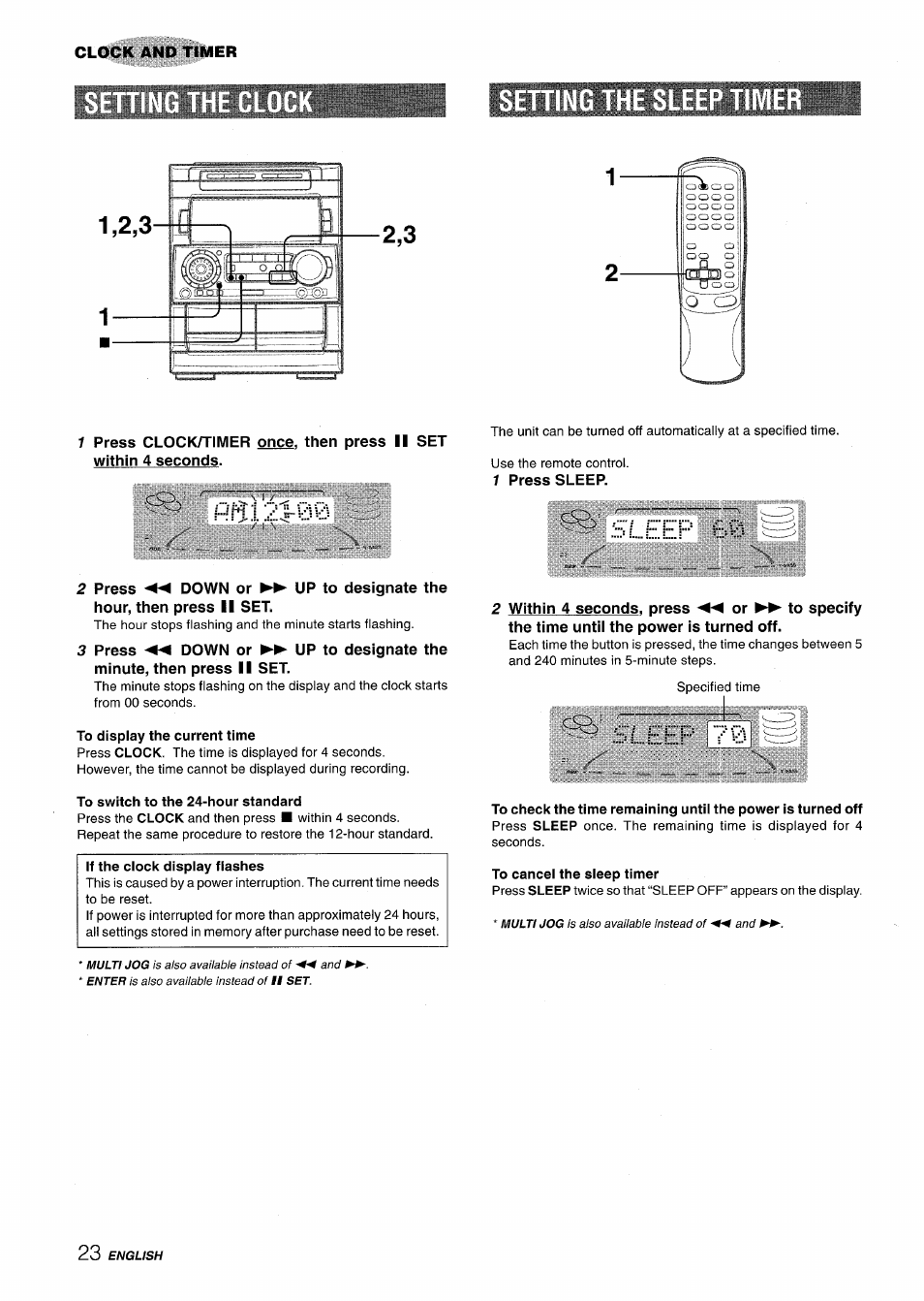 1 press sleep, Bleep eb, To display the current time | To switch to the 24-hour standard, Sleep, To cancel the sleep timer | Aiwa NSX-A909 User Manual | Page 24 / 88