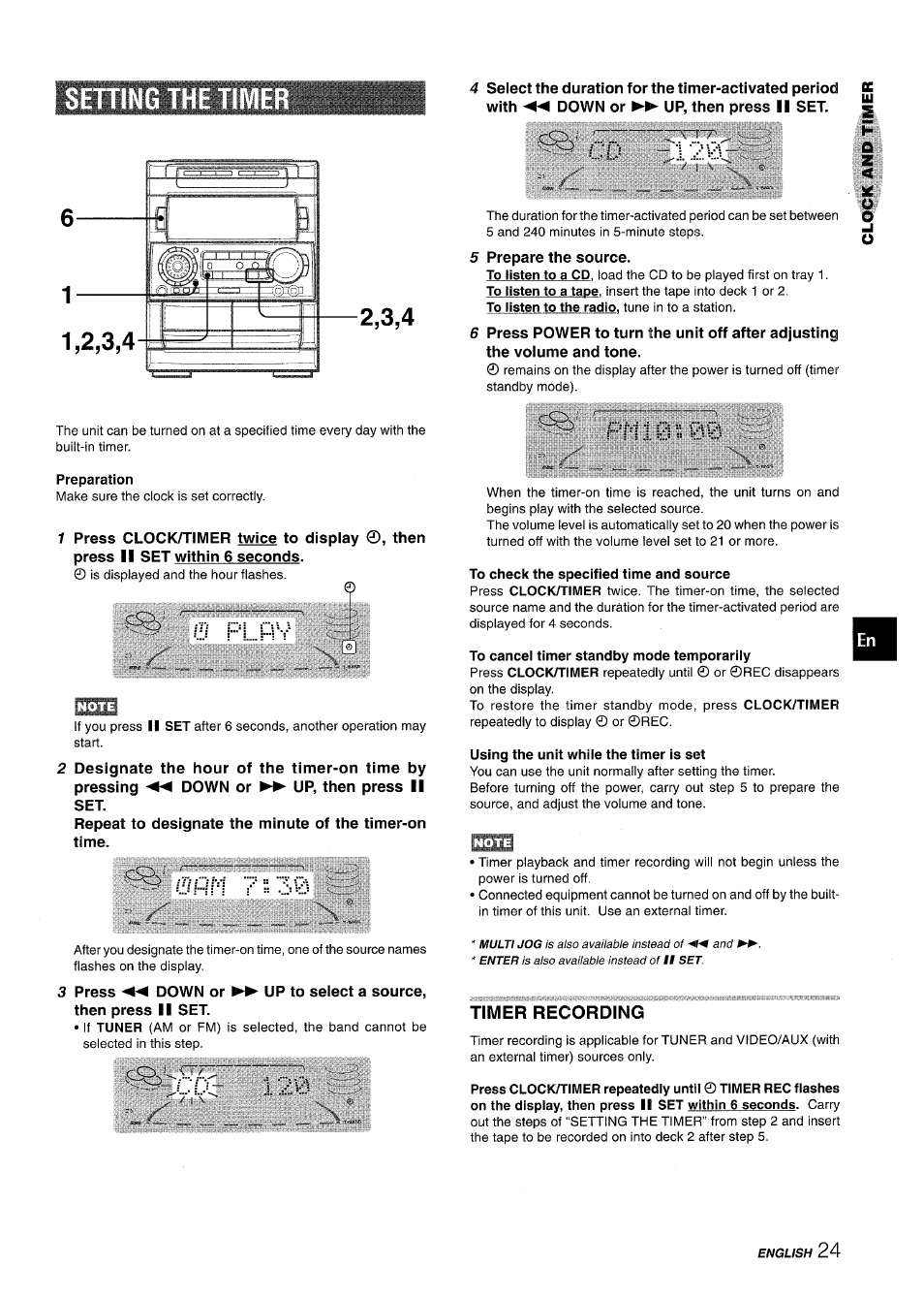 Setting the tl, To listen to the radio, tune in to a station, Pm 1 i;:;i ;l dd | Preparation, 0 pl..ps, To cancel timer standby mode temporarily, Using the unit while the timer is set, Timer recording, Setting the clock | Aiwa NSX-A909 User Manual | Page 25 / 88