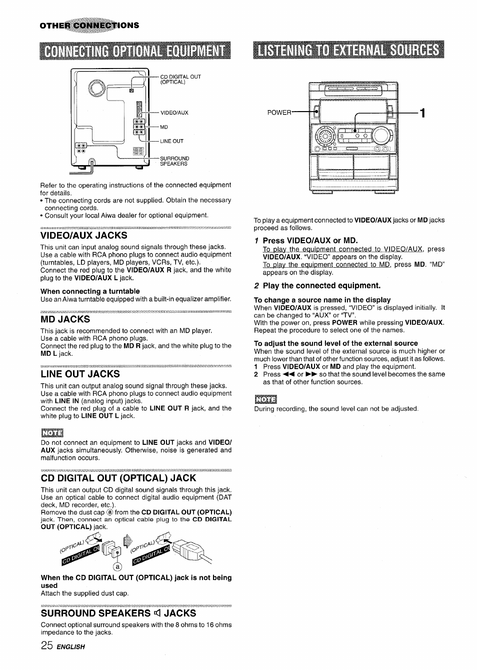 Ing to external sources, Video/aux jacks, When connecting a turntable | Md jacks, Line out jacks, 1 press video/aux or md, 2 play the connected equipment, To change a source name in the display, To adjust the sound level of the external source, Cd digital out (optical) jack | Aiwa NSX-A909 User Manual | Page 26 / 88